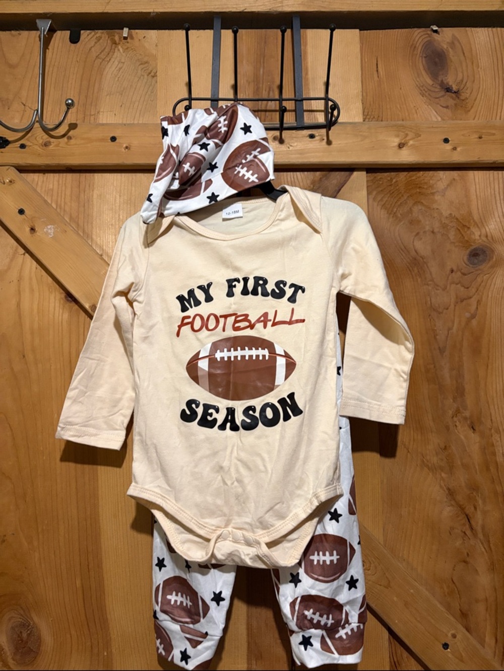 Cream 'My First Football Season' Baby One-Piece Set with Hat & Pants